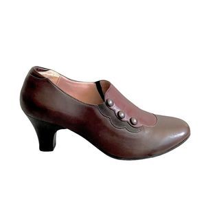 BEAUTIFEEL Leather Slip On Shoes With Small Heel Side Buttons Brown Burgundy 39